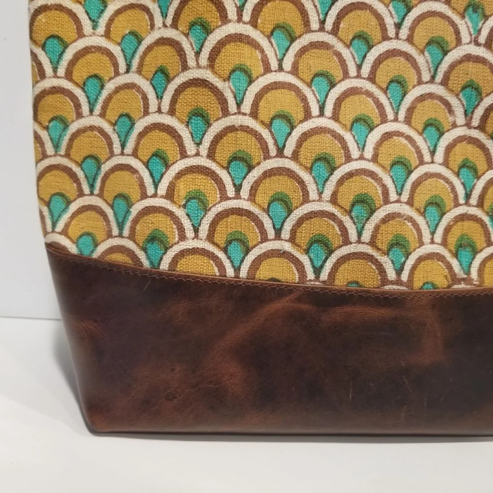 JOYN Cotton Tote Arch Print Brown Leather Yellow Green Shoulder Bag Lined Pocket - Picture 3 of 14